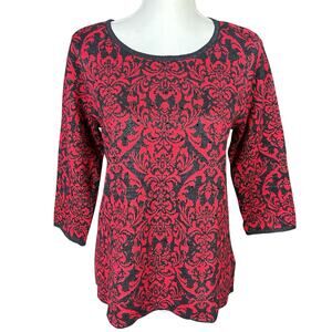 Dana Buchman Knit Top Women Sz M Red Black Beaded Shimmer Jacquard Event Sweater
